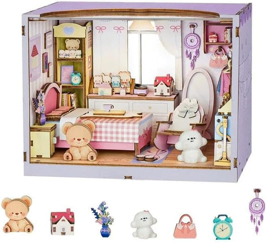 DIY Miniature House Kit-Bedroom, 3D Wooden Puzzles with LED Light Tiny House Mini House Building Kit for Adults, Wooden Adults Crafts Home Decor Gifts for Parents Friends