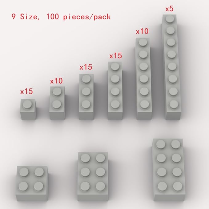 100 Piece Light Gray Bricks Bulk Assortment Pack, 9 Size Light Grey Classic Building Blocks Bricks, Compatible with Lego Parts and Pieces(Color: Light Gray)