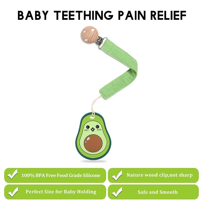 Baby Food Grade Silicone Teether Toy with Pacifier Clip Holder,Teething Pain Relief Toys Gift Set for 3 Months+ Boys and Girls,Freezer Safe,BPA Free (Avocado)