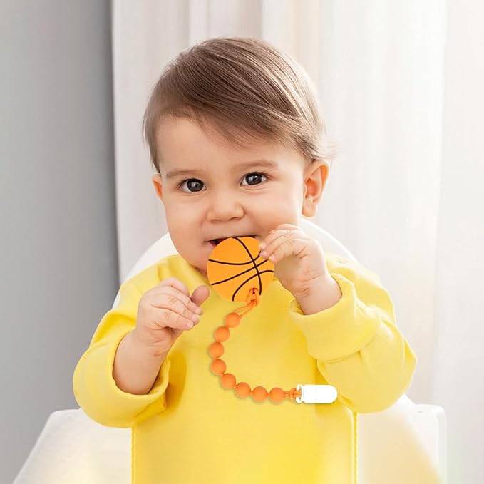 Baby Food Grade Silicone Sport Ball Teether Toy with Pacifier Clip Holder,Teething Toys Gift Set for 3 Months+ Boys and Girls,Freezer Safe,BPA Free. (Basketball)