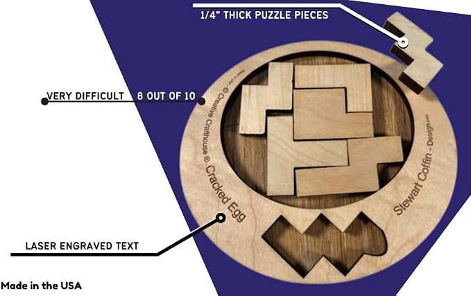 Creative Crafthouse Cracked Egg Wood Brain Teaser Puzzle for Adults | Fit all 6 wood pieces into the egg-shaped opening. A level 8 of 10 Stewart Coffin dissection puzzle, made in the USA.