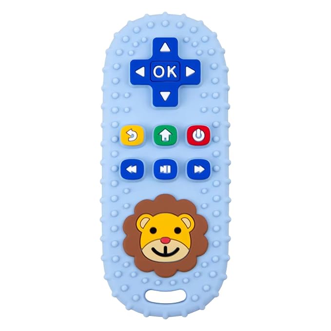 Baby Teething Toy, Soft TV Remote and Game Controller Shape Chew Set, Educational Toy for Intellectual Development, Safe Silicone for Toddler and Infant (Blue (Panda Handle + Lion Remote Control))