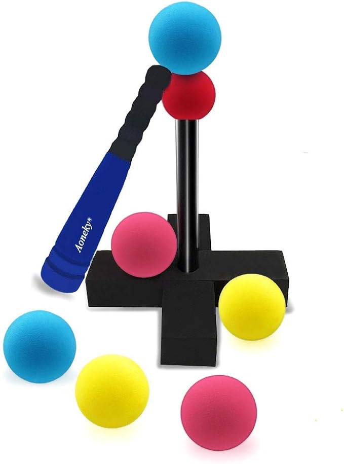 Aoneky Foam Tball Set for Toddlers 1-3 Years - First Baseball Toy with Soft Foam Bat & Balls, Stable Tee & Carry Bag, Indoor Outdoor Gift for Kids (Blue)