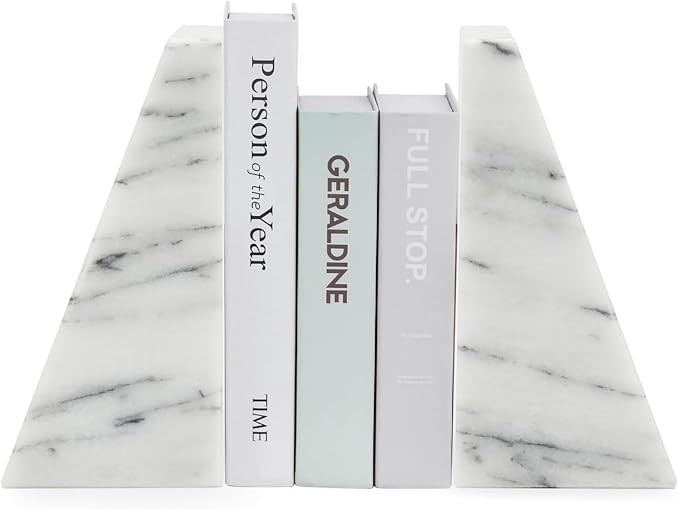 Fox Run Triangular 100% Natural Polished White Marble Bookends 4 x 3 x 6 inches