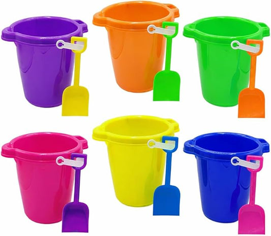 4E's Novelty 6 Pack 7.5" Beach Buckets and Shovels for Kids Bulk - Strong Large Sand Bucket for Toddler Beach Toys for Kids 3-10, Sandbox Toys