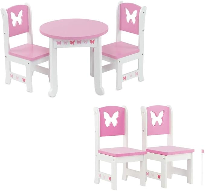 Emily Rose 18 Inch Doll Dining Table and 2 Chairs Set - Pink Butterfly Collection - Compatible with American Girl, Our Generation, My Life As & Adora Dolls - Wooden Dollhouse Furniture