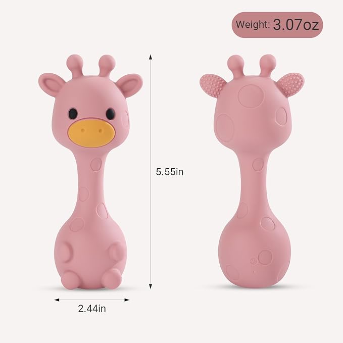 Giraffe Silicone Baby Teether Rattle Toy for 0-6 6-12 Months, BPA-Free Infant Teething Toy with Rattle Sound, Easy-Grip Design for Teething Relief (Dark Pink)