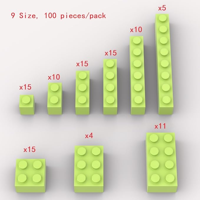 100 Piece Grass Green Bricks Bulk Assortment Pack, 9 Size Grass Green Classic Building Blocks Bricks, Compatible with Lego Parts and Pieces(Color: Grass Green)