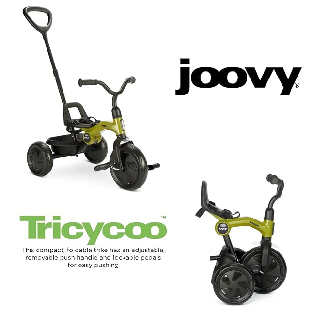 Joovy Tricycoo Fold & Go Toddler Tricycle Featuring Removable, Adjustable Push Handle, Lockable Front Pedals, Height-Adjustable Seat, 3-Point Safety Harness, and Rear Storage Box (Greenamole), Large