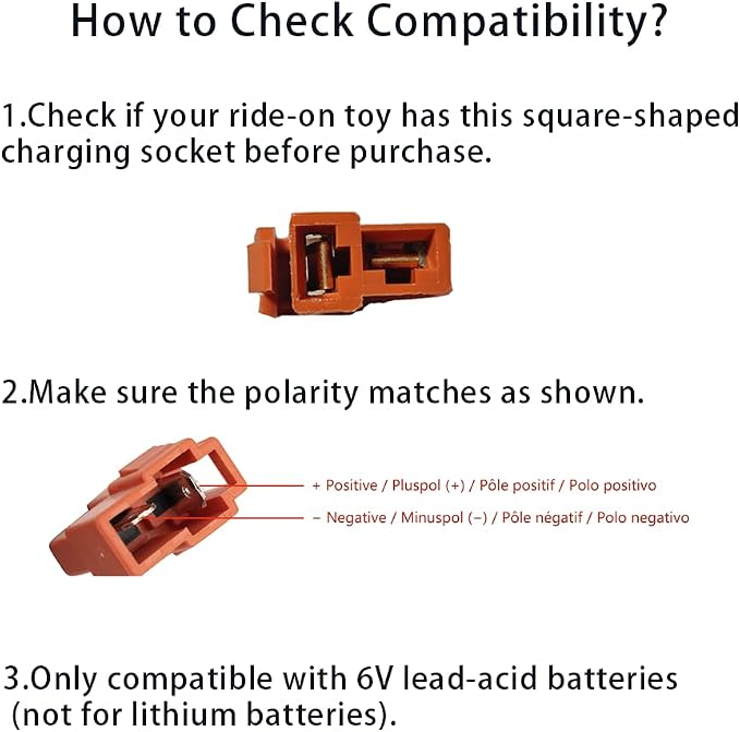 12V Charger for Kids Ride-On Cars - 12 Volt Battery Charger for Kids Ride On Toys with Square Plug, Fits Multiple Brands