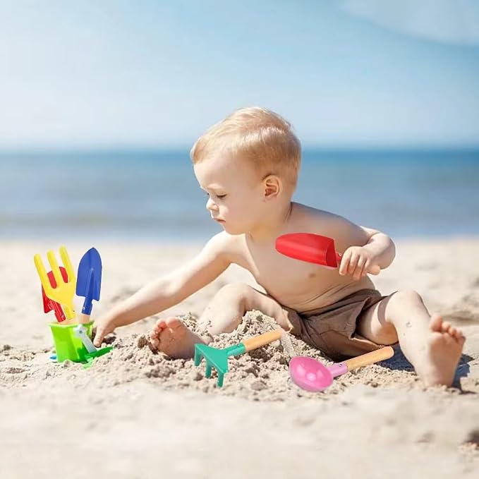 Beach Toys for Kids,Beach Sand Toys, 8'' Metal Sandbox Toys with Sturdy Wooden Handle,Safe Beach Gardening Set,Spoon, Fork, Trowel, Rake & Shovel for Kids，Snow Shovel（6 pcs）