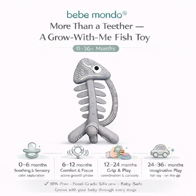 3 in 1 Infant Toys, Baby Teething Toys 3–6 6–12 Months, Teethers for Babies 0–3–6–12 Months for Teething Relief, Baby Gift, Baby Teether Toys, Silicone Sensory Toys, USA Patent Pending, Fish (Gray)
