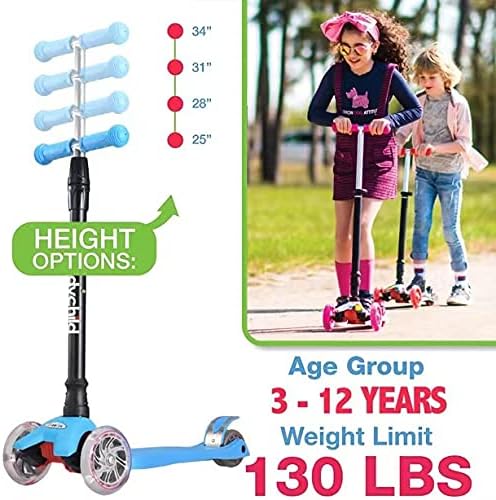 Scooters for Kids 3 Wheel Kick Scooter for Toddlers Girls & Boys, 4 Adjustable Height, Lean to Steer, Extra-Wide Deck, Light Up Wheels for Children from 3 to 14 Years Old