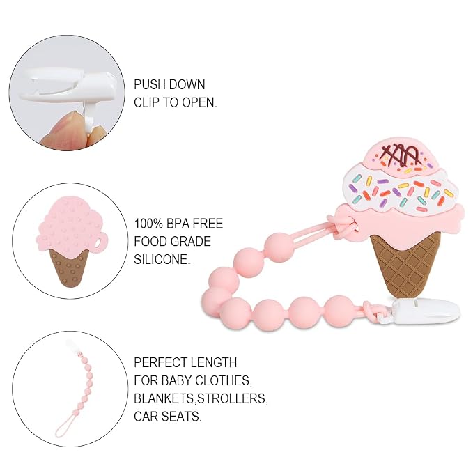 Baby Teething Toys,Food Grade Silicone Teether with One-piece Pacifier Clip Holder,Baby Gift,Highly Effective Pain Relief for 3 Months+ Boy and Girl,BPA Free,Freezer Safe. (Ice Cream)