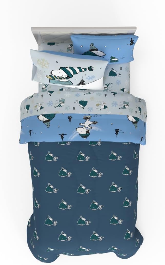 Collectibles Peanuts Snoopy Puffer Coat Holiday & Christmas Bedding Soft Comforter and Sheet Set with Sham, 5 Piece Twin Size, (Officially Licensed Product) By Franco
