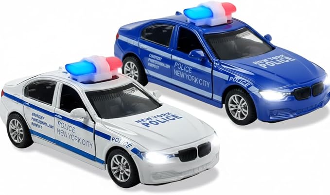 2 Pack Metal Diecast NY Police Cars Pull Back Battery Powered Toy Vehicles with LED Headlights and Siren Sounds 1:32 Scale