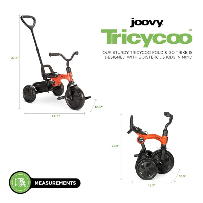 Joovy Tricycoo Fold & Go Toddler Tricycle Featuring Removable, Adjustable Push Handle, Lockable Front Pedals, Height-Adjustable Seat, 3-Point Safety Harness, and Rear Storage Box (Rorange), Large