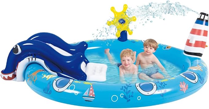 Kiddie Pool with Slide Inflatable Play Center Wading Lounge Kids Pool, Marine Life Sprinkler, Water Game Play Center for Kids 80" x 60" x 25"