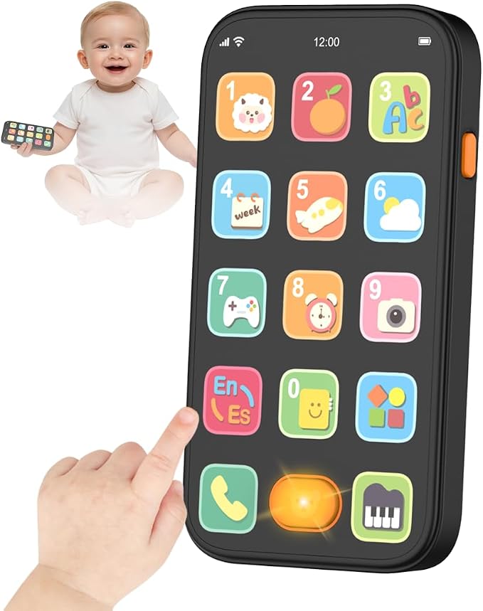 Bilingual Baby Phone Toy Phone for Toddler 1-3, Fun Early Learning Musical Baby Toys for 6-12 Months with Sounds and Light, English/Spanish, Gift for 1 Year Old Boys Girls Kids Infant, Black