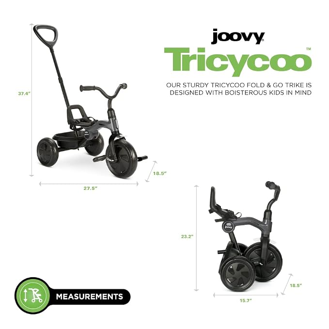 Joovy Tricycoo Fold & Go Toddler Tricycle Featuring Removable, Adjustable Push Handle, Lockable Front Pedals, Height-Adjustable Seat, 3-Point Safety Harness, and Rear Storage Box (Forged Iron), Large