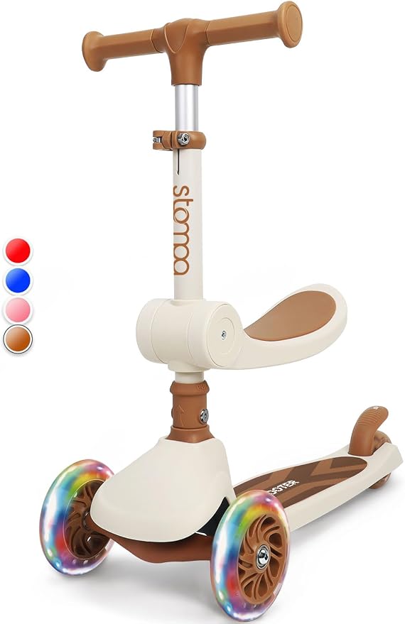 Stompa Kids Scooter 2-in-1 Light Up 3 Wheel Scooters with 4 Levels Adjustable Handlebar, Foldable Seat, Widen Non-Slip Deck for Girls & Boys Max 110 Lbs