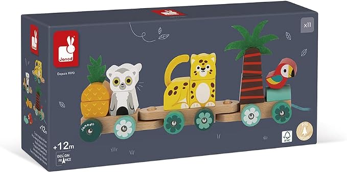Janod - Tropik Tropical Pull-Along Train - 11 Pieces and 3 Cars - Ages 1 Year + J08272