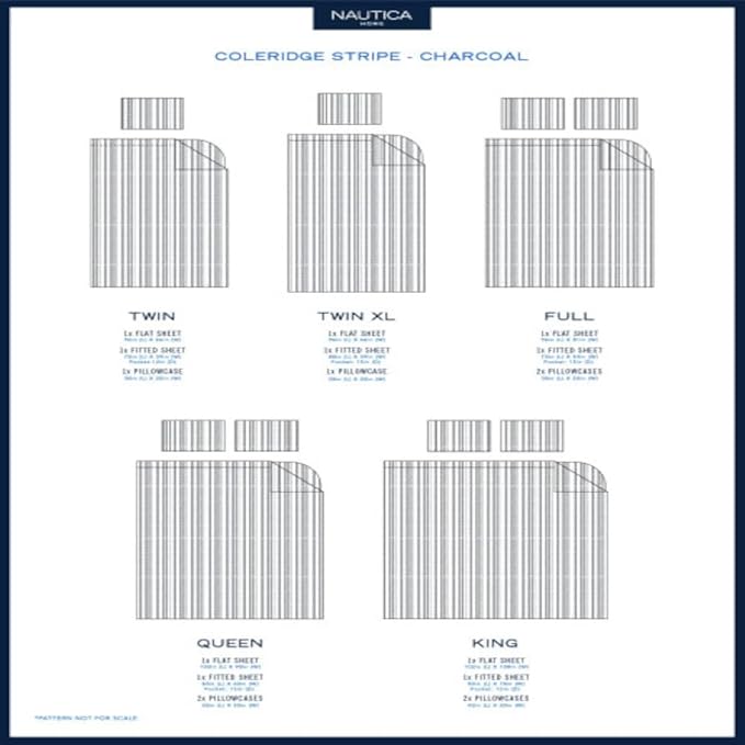 Nautica – Twin XL Size Sheet Set, Crisp Cotton Percale Bedding with Matching Pillowcase, Lightweight & Breathable Bed Sheets, Deep Pocket, College Dorm Room Essentials (Coleridge Stripe Grey)