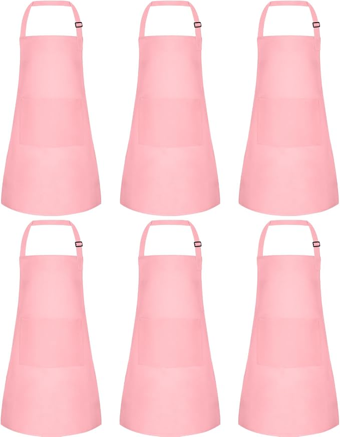 6 Pack Kids Apron Bulk with 2 Pockets Adjustable Chef Art Apron Kids Painting Aprons for Cooking Baking Painting Crafting Grilling Activity（Pink）