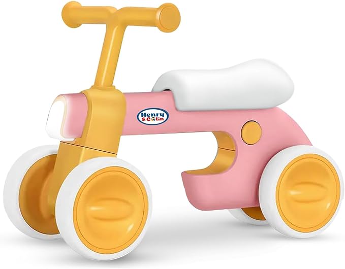 Henry & Colin First Balance Bike for 1 Year Old, 4 Wheel Toddler Bike with Fun Lights & Music, Soft Seat, No-Pedal Ride On Toy, 1st Birthday Gift for Boys & Girls Ages (12–36 Months) Classic Pink