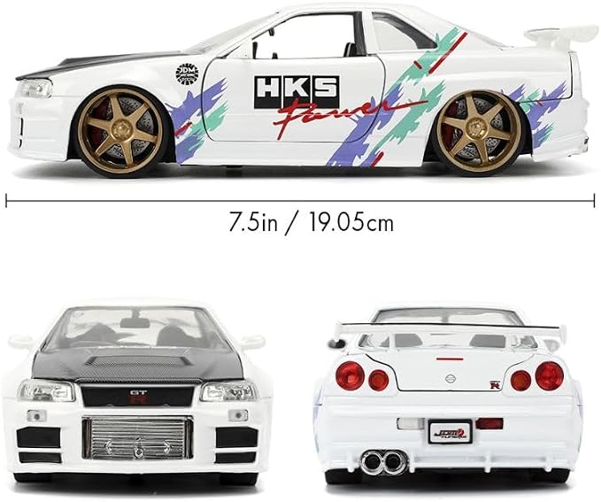 Jada Toys JDM Tuners 1:24 Die-Cast 2002 Nissan Skyline GT-R (R34), Opening Doors, Detailed Interior, Rubber Tires, Collectible for Ages 8+(Glossy White)