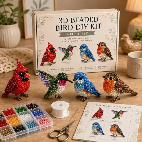 CJNEJGT Kid Friendly 3D Beaded Animal DIY Kit, Stress Relief Leisure DIY Bead Toy Set, Beginner Bead Embroidery Craft Gift with Step-by-Step Instructions (4PC Bird)