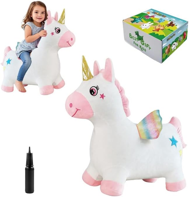 Unicorn Bouncy Horse Toys for 2 Year Old Girl, Inflatable Ultra Thick Plush Horse Hopper, Ride on Rubber Jumping Toys for Baby Girl or Boy 1st Birthday Gift for 2 3 4 Year Old (Pinkish White Unicorn)