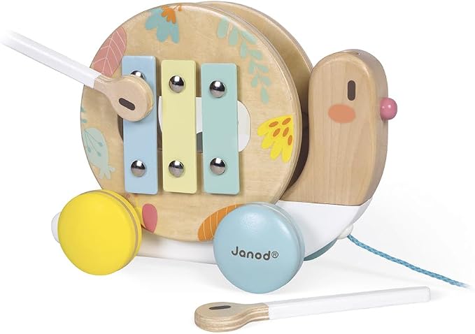Janod Pure Pull Along Snail - Wooden 2-in1 Musical Toy - Ages 1+ - J05159