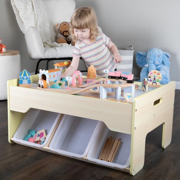 Wooden Train Set with Train Table - 63PC Play Set with Tracks, Vehicles, Buildings and Illustrated Ocean Train Table with Storage by Hey Play (Yellow)