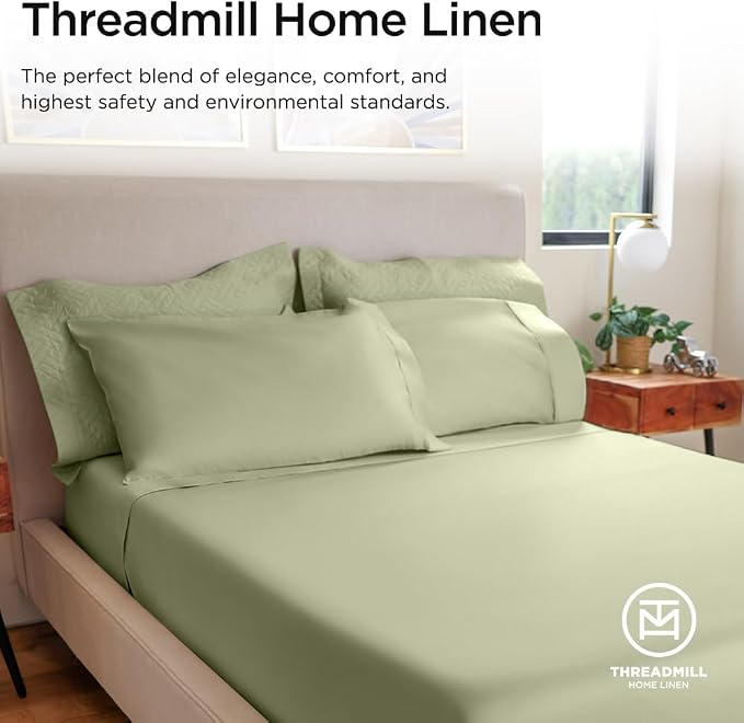 Threadmill 100% Cotton Sheets for King Size Bed - 600 Thread Count King Bed Sheets Set with 16” Deep Pocket - Sateen Weave 4-Piece Bedding Set with Cooling Effect, Sage Green
