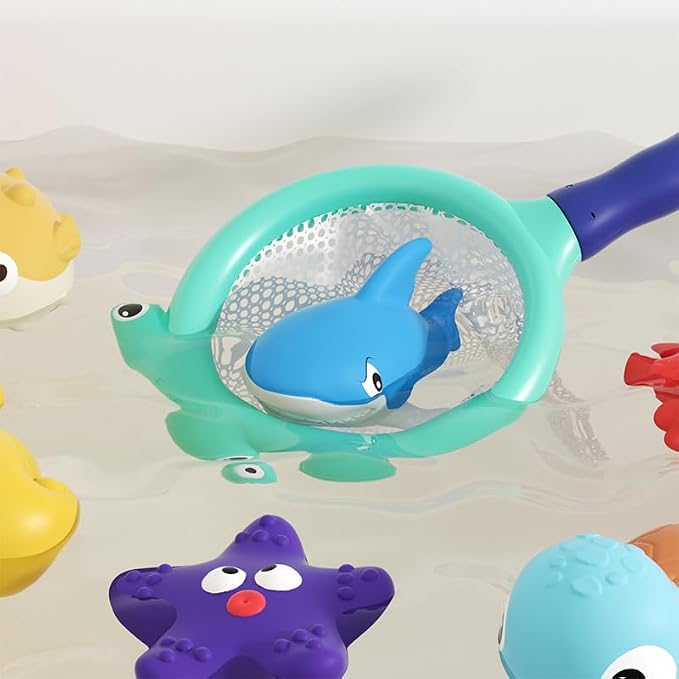 Bath Toy for Toddlers 6-12-18 Months, No-Hole Bathtub Toys with Baby Bath Animals, Wind-Up Turtles, Fishing Net & Storage Bag, Floating Toys for Toddlers 1-3 Year Old Boys Girls (11 Pack)