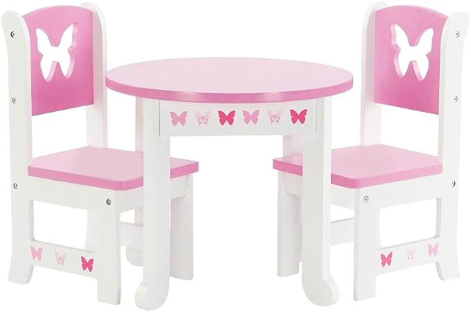 Emily Rose 18 Inch Doll Dining Table and 2 Chairs Set - Pink Butterfly Collection - Compatible with American Girl, Our Generation, My Life As & Adora Dolls - Wooden Dollhouse Furniture