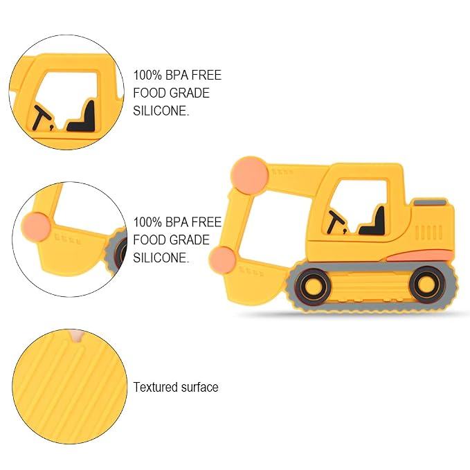 Baby Silicone Teether,Sensory Chew Toys,BPA Free Soft and Effective Infant Teething Pain Relief Toys,Freezer Safe,Food Grade Silicone,Best Shower Gift for Boys and Girls (Yellow Excavator)