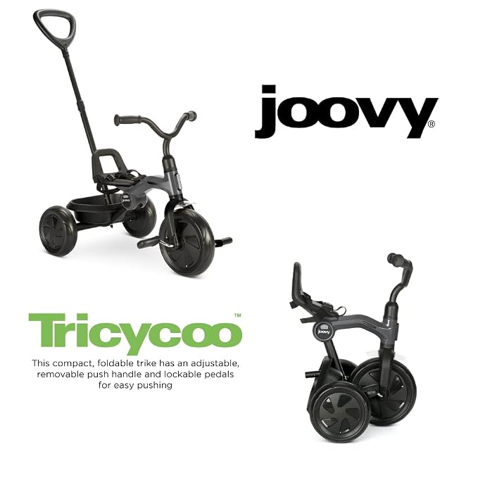 Joovy Tricycoo Fold & Go Toddler Tricycle Featuring Removable, Adjustable Push Handle, Lockable Front Pedals, Height-Adjustable Seat, 3-Point Safety Harness, and Rear Storage Box (Forged Iron), Large