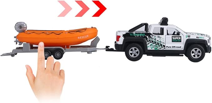 Pickup Truck Trailer Towing Speed Boat 2 in 1 Playset Diecast Model Car Metal Pull Back Toy Cars 1/36 SUV Vehicle Outdoor Sandbox Adventure Play Set Doors Open Light Sound Boys Toys Kids Gifts