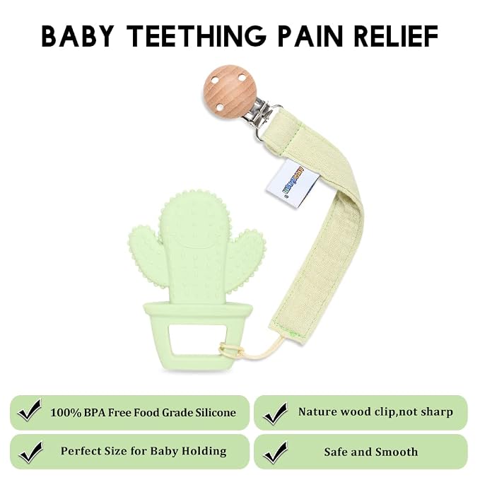 Baby Food Grade Silicone Teether Toy with Pacifier Clip Holder,Teething Pain Relief Toys Gift Set for 3 Months+ Boys and Girls,Freezer Safe,BPA Free (Cacuts)