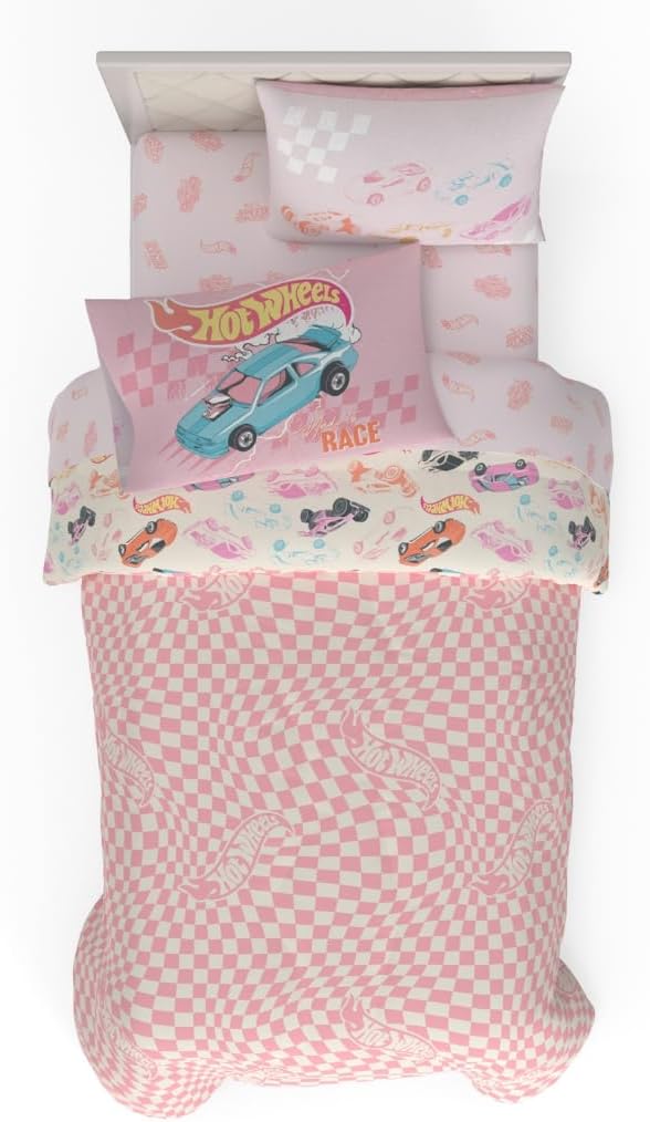 Hot Wheels Girls Kids Bedding Super Soft Comforter and Sheet Set with Sham, 5 Piece Twin Size, (Officially Licensed Product) By Franco