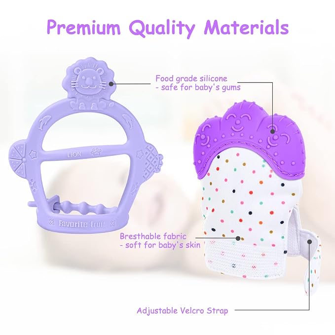 Vicloon Silicone Teething Mitt, 2Pcs Baby Teething Mitten with Adjustable Strap, Crinkle Sound and Textured, Self Soothing Baby Chew Toys for 0-6 Month Infants