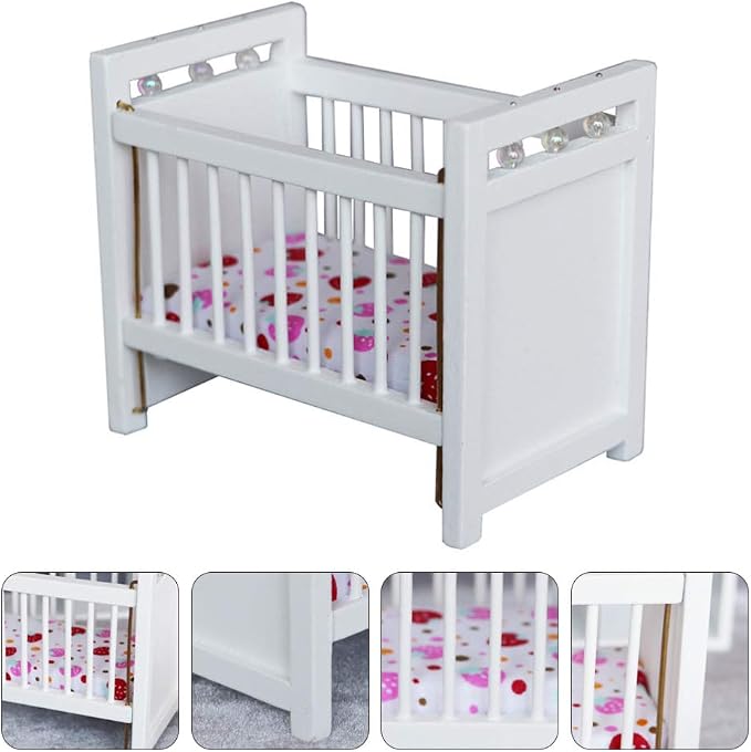 1:12 Scale Dollhouse Mini Crib: Wooden Baby Doll Crib for Dollhouse - Adorable Doll House Accessories and Furniture - Mini Baby Bed Cradle for Miniature Furniture 1 12 Scale 4.40 * 3.93 inches
