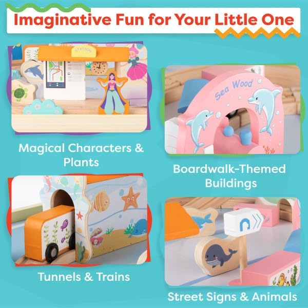 Wooden Train Set with Train Table - 63PC Play Set with Tracks, Vehicles, Buildings and Illustrated Ocean Train Table with Storage by Hey Play (Yellow)