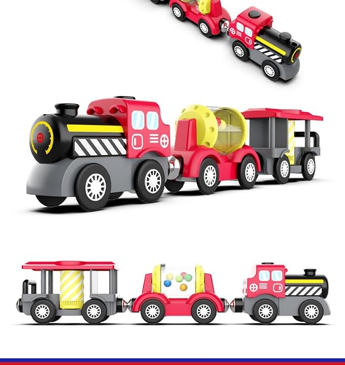 SteamBuilder Battery Powered Train for Wooden Tracks – Red Classic Steam Locomotive with 3 Magnetic Cars – Lights & Sounds – Compatible with Brio, Thomas – Train Toys for Toddlers Ages 3+
