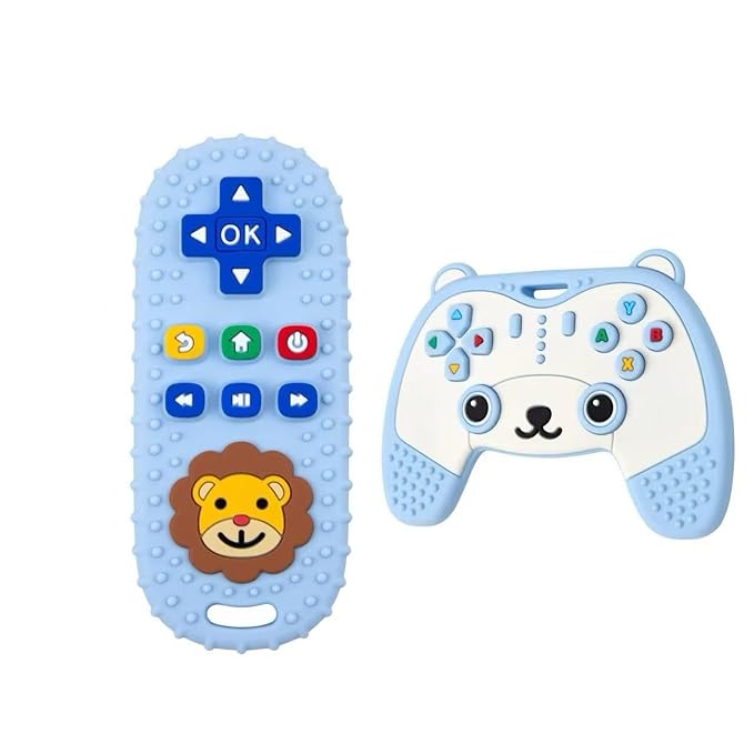 Baby Teething Toy, Soft TV Remote and Game Controller Shape Chew Set, Educational Toy for Intellectual Development, Safe Silicone for Toddler and Infant (Black (Panda Handle + Lion Remote Control))