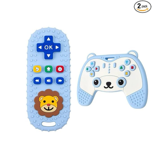 Baby Teething Toy, Soft TV Remote and Game Controller Shape Chew Set, Educational Toy for Intellectual Development, Safe Silicone for Toddler and Infant (Blue (Panda Handle + Lion Remote Control))