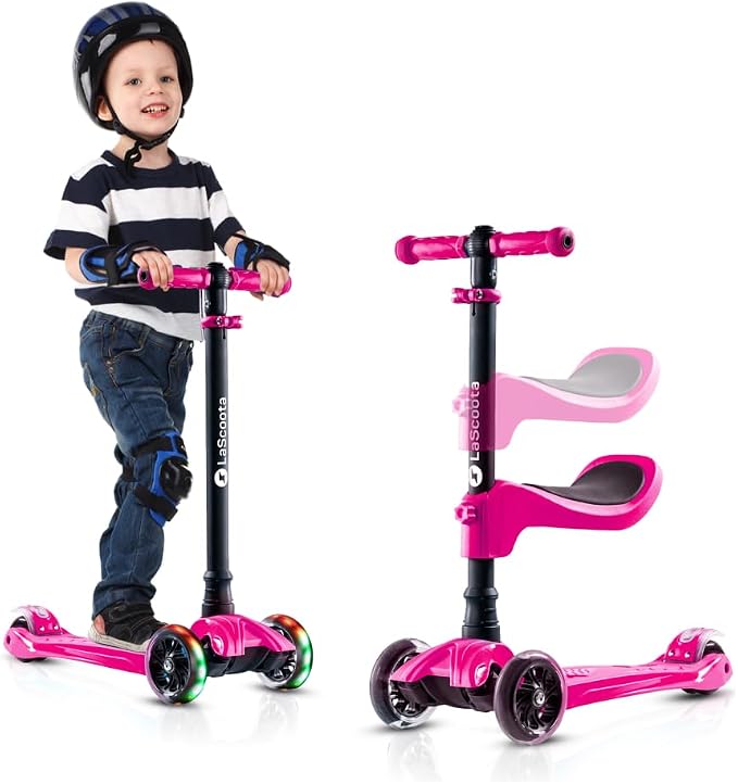 Lascoota 2-in-1 Kids Scooter with Seat - Adjustable Handlebar & 4 Heights Mini Scooter for Kids - LED Light-Up Wheels & Lean-to-Steer - Pink, 21.7 in L x 4.7 in W x 34 in H