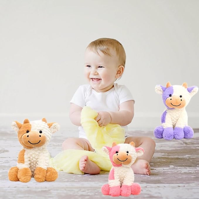 YUKOUQIAN Cute Cow Plush Stuffed Animal Doll Toy 8 inch for Girls Boys (Siting Cow Pink)